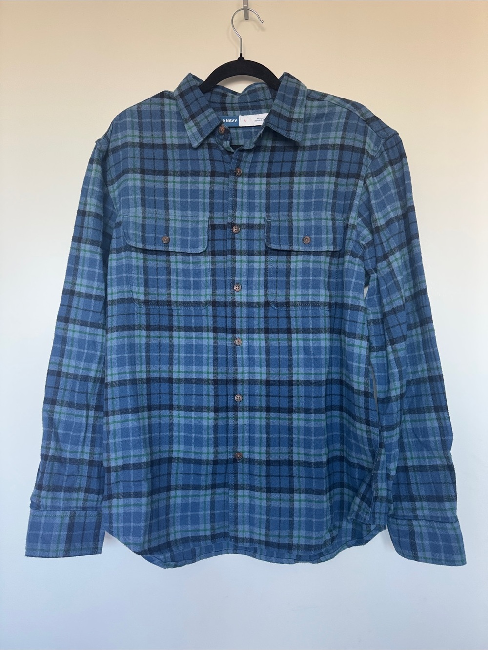 Old Navy Men’s Blue & Teal Plaid Long-Sleeve Button-Down Shirt
